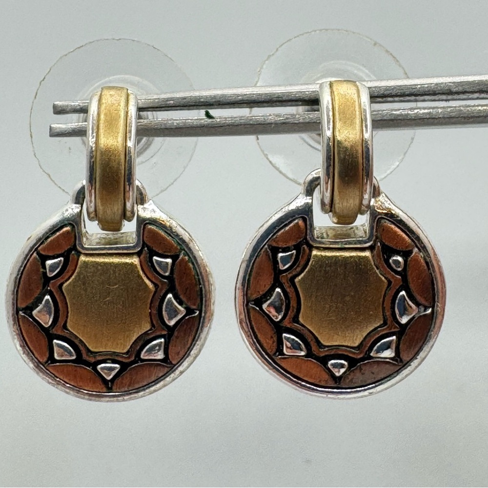 Vintage Liz Claiborne Mixed Metal Round Drop Earrings Gold Copper Tone